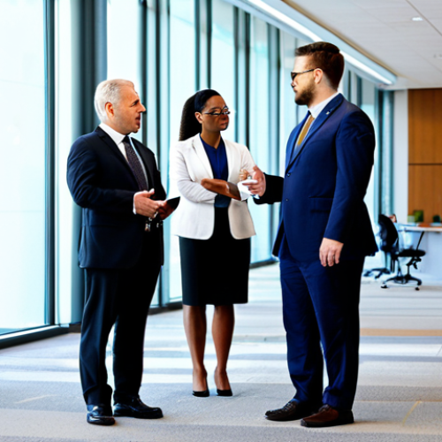 Home 6 A diverse group of public sector professionals, including a policy advisor, an IT specialist, and a project manager, are fully clothed in professional business attire and modest clothing. They are standing in a modern, brightly lit government office lobby, engaged in a collaborative discussion. The scene captures perfect anatomy, correct proportions, and a natural pose. The image emphasizes professionalism, appropriate content, and is safe for work. High-quality professional photography, natural body proportions, well-formed hands, proper finger count.