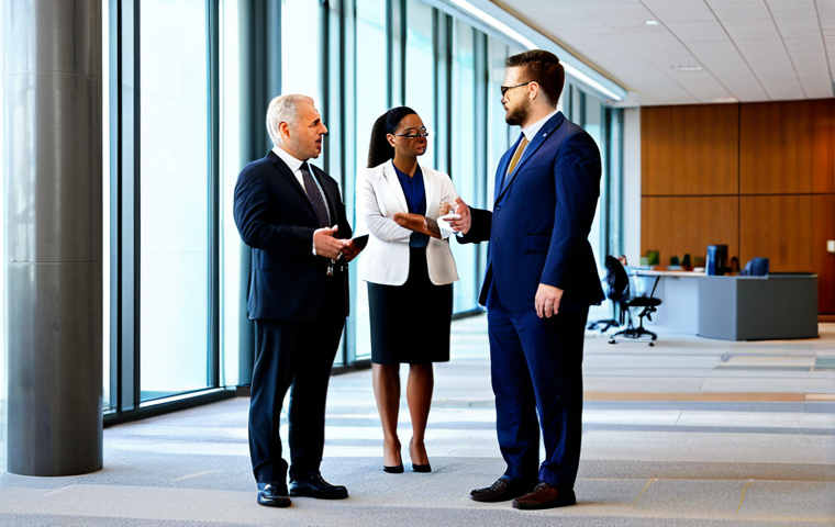 A diverse group of public sector professionals, including a policy advisor, an IT specialist, and a project manager, are fully clothed in professional business attire and modest clothing. They are standing in a modern, brightly lit government office lobby, engaged in a collaborative discussion. The scene captures perfect anatomy, correct proportions, and a natural pose. The image emphasizes professionalism, appropriate content, and is safe for work. High-quality professional photography, natural body proportions, well-formed hands, proper finger count.